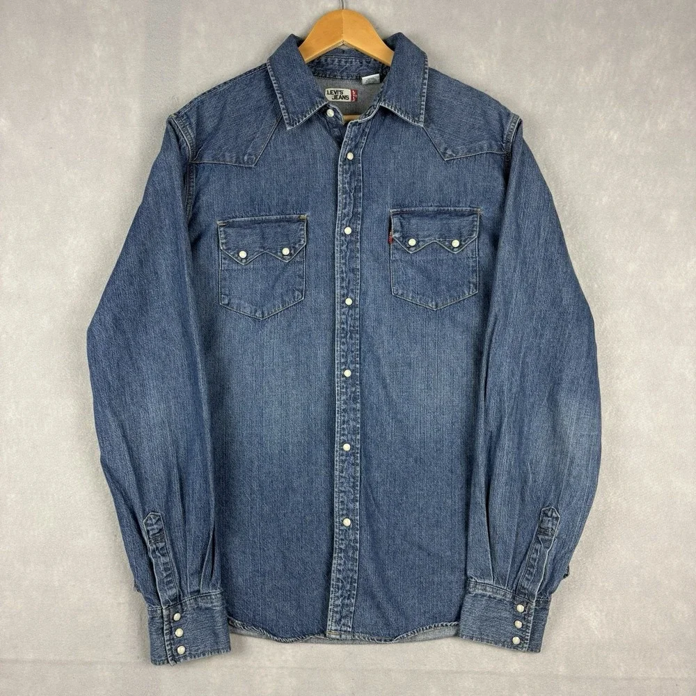 Levi’s Denim Pearl Snap Shirt Mens Large Blue Sawtooth Western Yoke Cowboy Rodeo